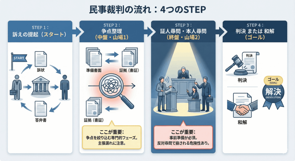 民事裁判の流れを4つのステップで示した図解イラスト。STEP1「訴えの提起（スタート）」、STEP2「争点整理（中盤・山場1）」、STEP3「証人尋問・本人尋問（終盤・山場2）」、STEP4「判決または和解（ゴール）」の各段階と、それぞれの重要なポイント（争点の絞り込み、反対尋問への準備など）が視覚化されている。
