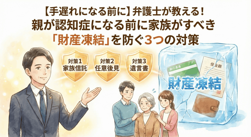弁護士による「親が認知症になる前の財産凍結対策」解説記事のアイキャッチ。通帳や権利書が凍結した「財産凍結」のリスクと、それを防ぐための「家族信託」「任意後見」「遺言書」という3つの重要な対策を、弁護士と家族のイラストで分かりやすく表現。