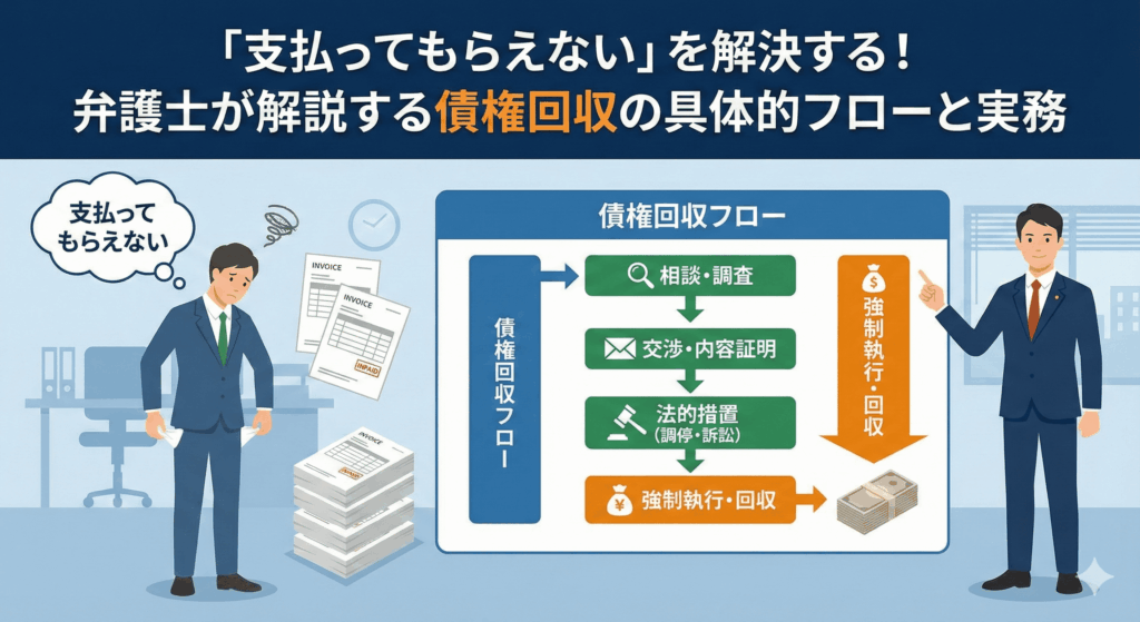 alt="未払いに悩むビジネスマンと、相談から強制執行までの債権回収フロー図を解説する弁護士のイラスト。記事『「支払ってもらえない」を解決する！弁護士が解説する債権回収の具体的フローと実務』のアイキャッチ画像。"