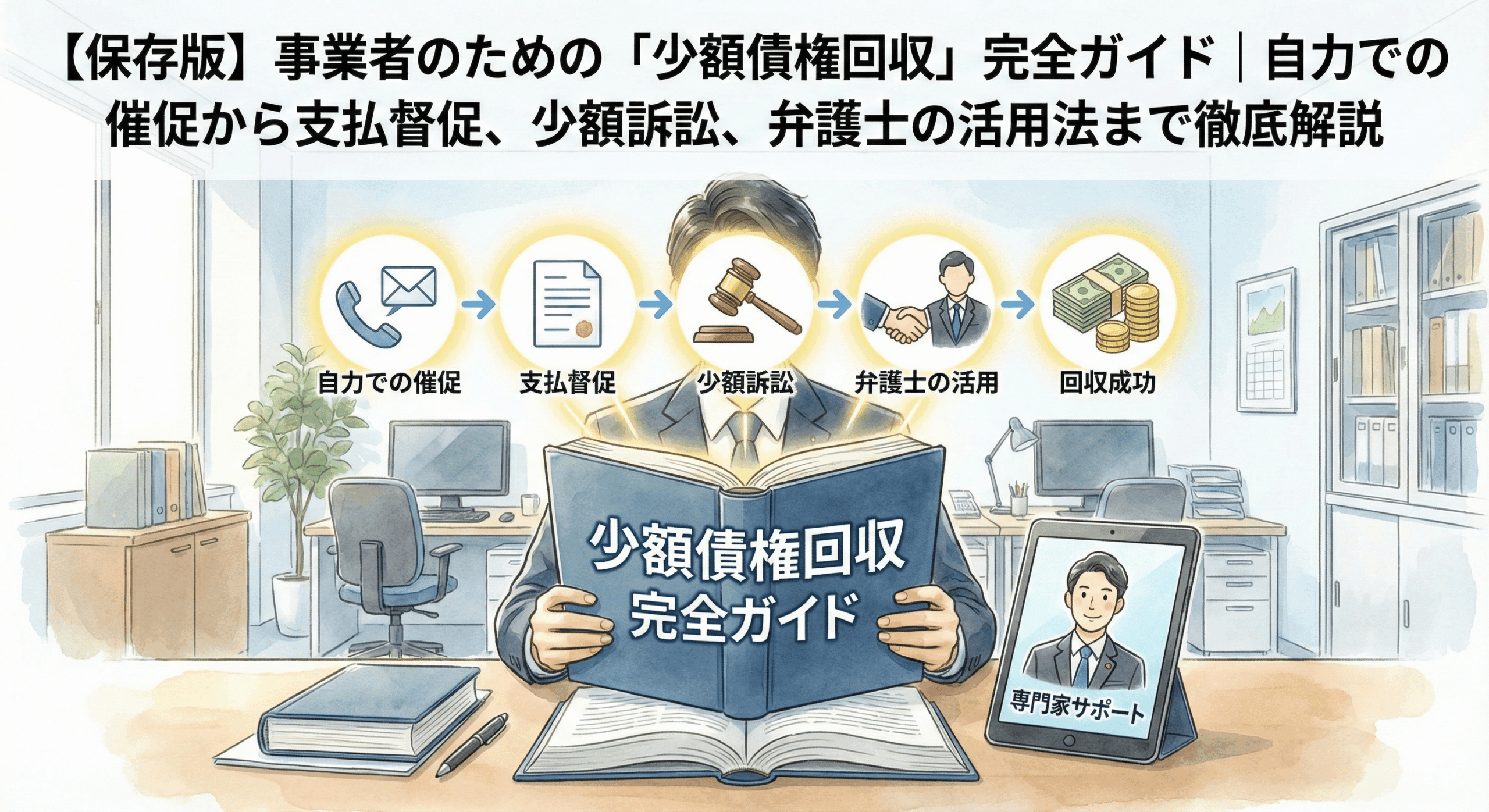 事業者向けの「少額債権回収」に関する完全ガイド記事のアイキャッチ。自力での催促から、支払督促、少額訴訟といった法的手段、そして弁護士の活用による「回収成功」までの全プロセスを視覚的に図解したイラスト。