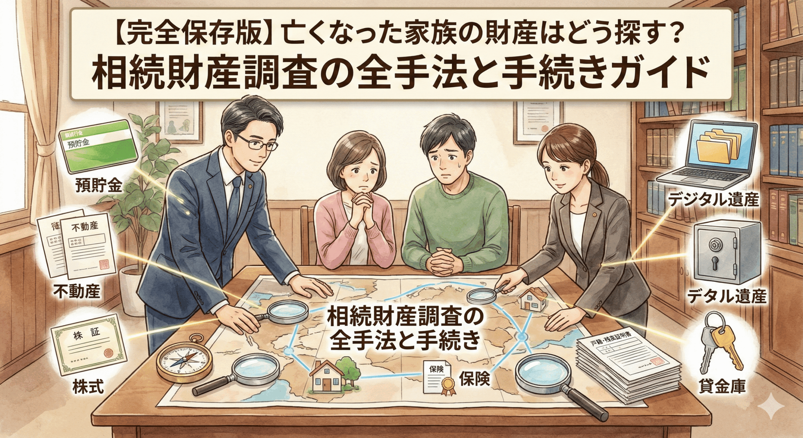 弁護士が解説する「相続財産調査の全手法と手続き」の完全保存版ガイド記事のアイキャッチ。預貯金、不動産、株式からデジタル遺産まで、亡くなった家族のあらゆる財産を探すための調査マップを、弁護士と遺族が確認している様子を網羅的に描いたイラスト。