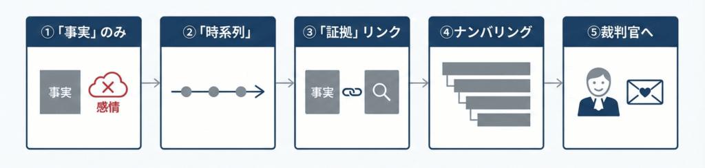 alt="訴状作成の5つの重要ポイントをまとめたシンプルなフロー図。①「事実」のみ（感情は書かない）、②「時系列」で整理、③「証拠」とリンク、④ナンバリングのルールを守る、⑤裁判官への分かりやすい手紙にする、という順序で左から右へ矢印で示されている。"
