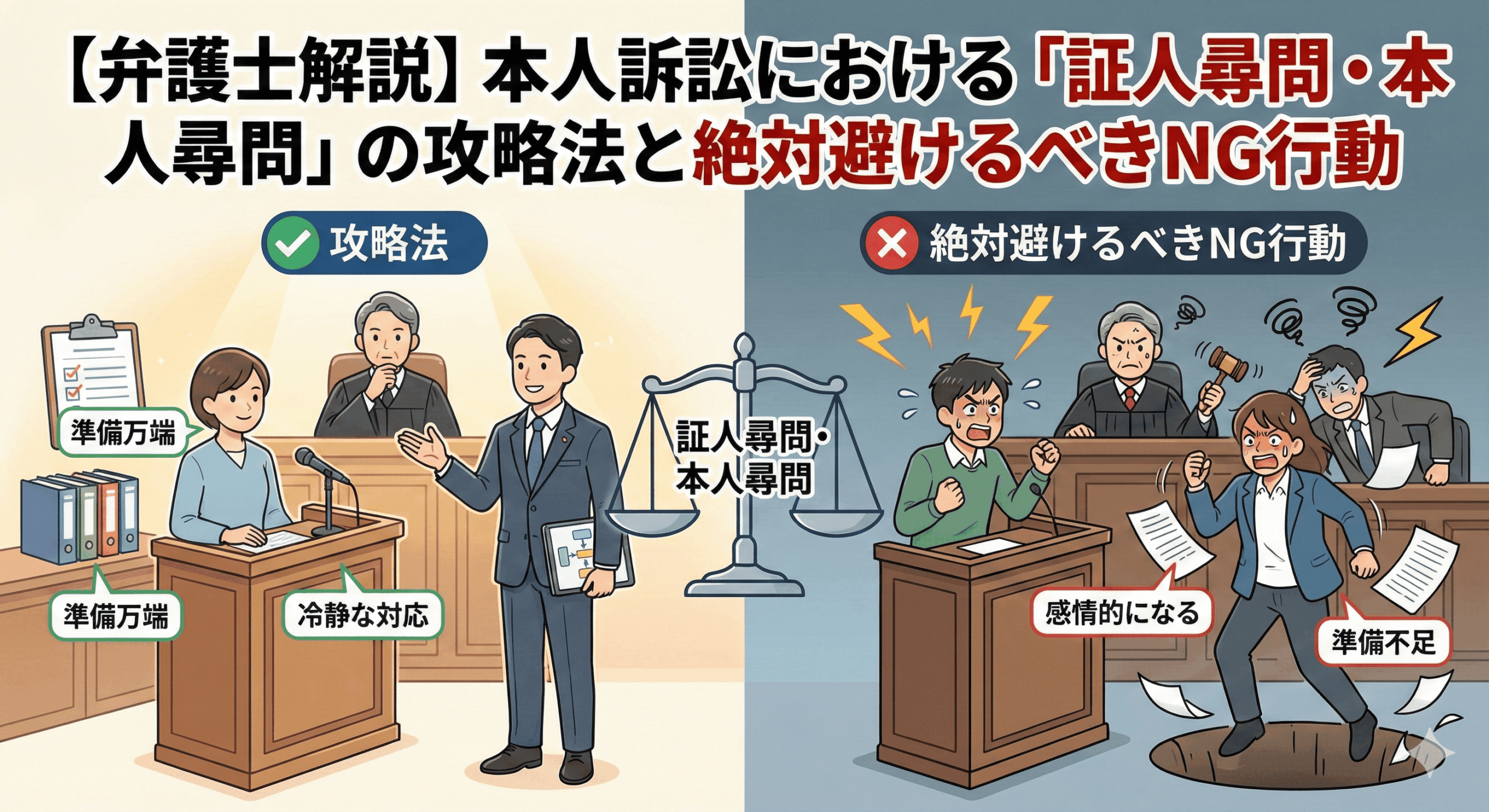 【弁護士解説】本人訴訟における「証人尋問・本人尋問」の攻略法と絶対避けるべきNG行動。左側に「攻略法」として冷静で準備万端な様子、右側に「絶対避けるべきNG行動」として感情的で準備不足な様子を対比させたイラスト。