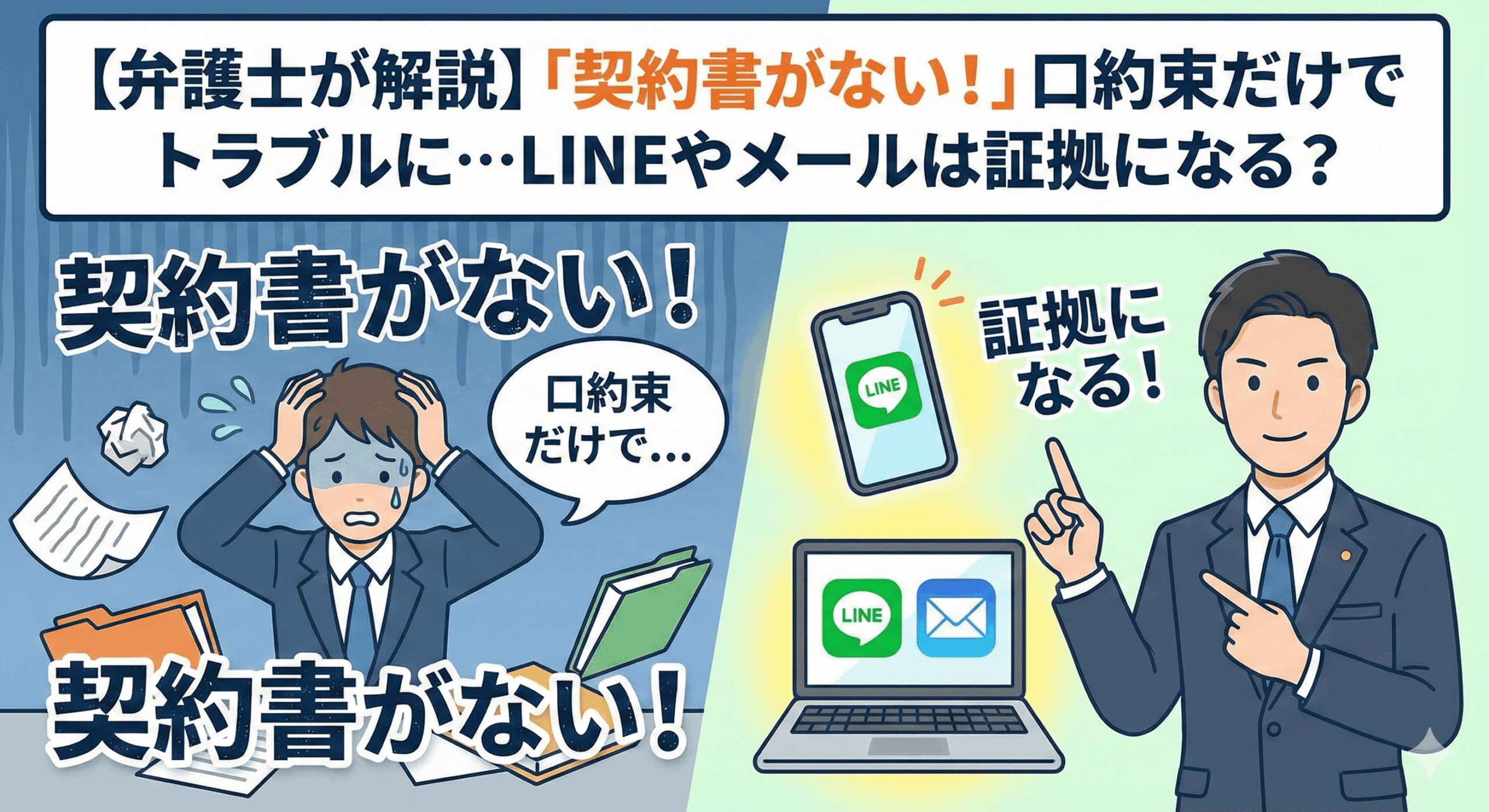 【弁護士が解説】「契約書がない！」口約束だけでトラブルに…LINEやメールは証拠になる？の記事のアイキャッチ画像。左側に契約書がなく困っている男性、右側にLINEやメールが証拠になることを解説する弁護士のイラストが描かれています。