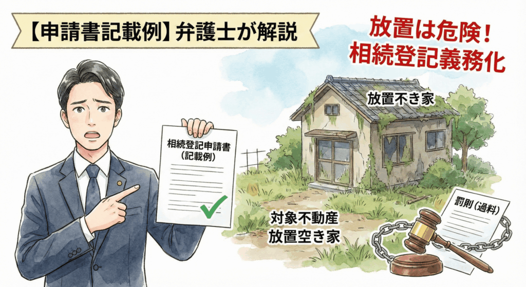 弁護士が解説する「相続登記義務化」と「放置空き家」のリスクに関する記事のアイキャッチ。放置の危険性と罰則（過料）を警告しつつ、解決策としての「相続登記申請書（記載例）」を提示する様子を描いたイラスト。
