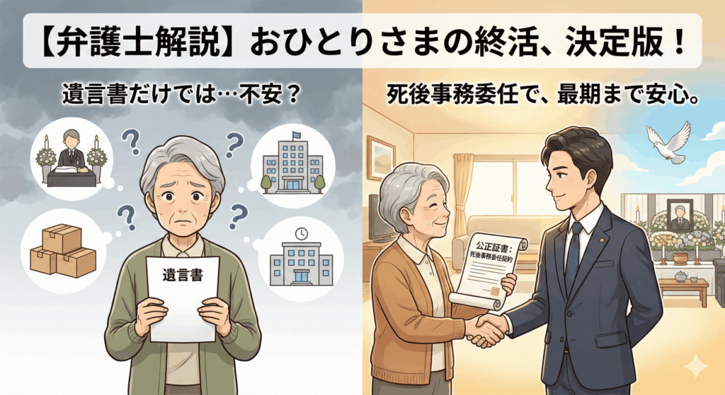 alt="【弁護士解説】おひとりさまの終活、決定版！と題されたアイキャッチ画像。左側は「遺言書だけでは…不安？」と題し、独身の高齢女性が遺言書を持ち、葬儀、遺品整理、役所手続きなどに不安を感じている様子を暗い色調で描いている。右側は「死後事務委任で、最期まで安心。」と題し、同じ女性が弁護士と「公正証書：死後事務委任契約」を締結し、穏やかな表情で握手をしている。背景には整理された部屋や平和な葬儀の様子が明るい色調で描かれ、弁護士に依頼することで死後の不安が解消されることを対比的に表現している。"