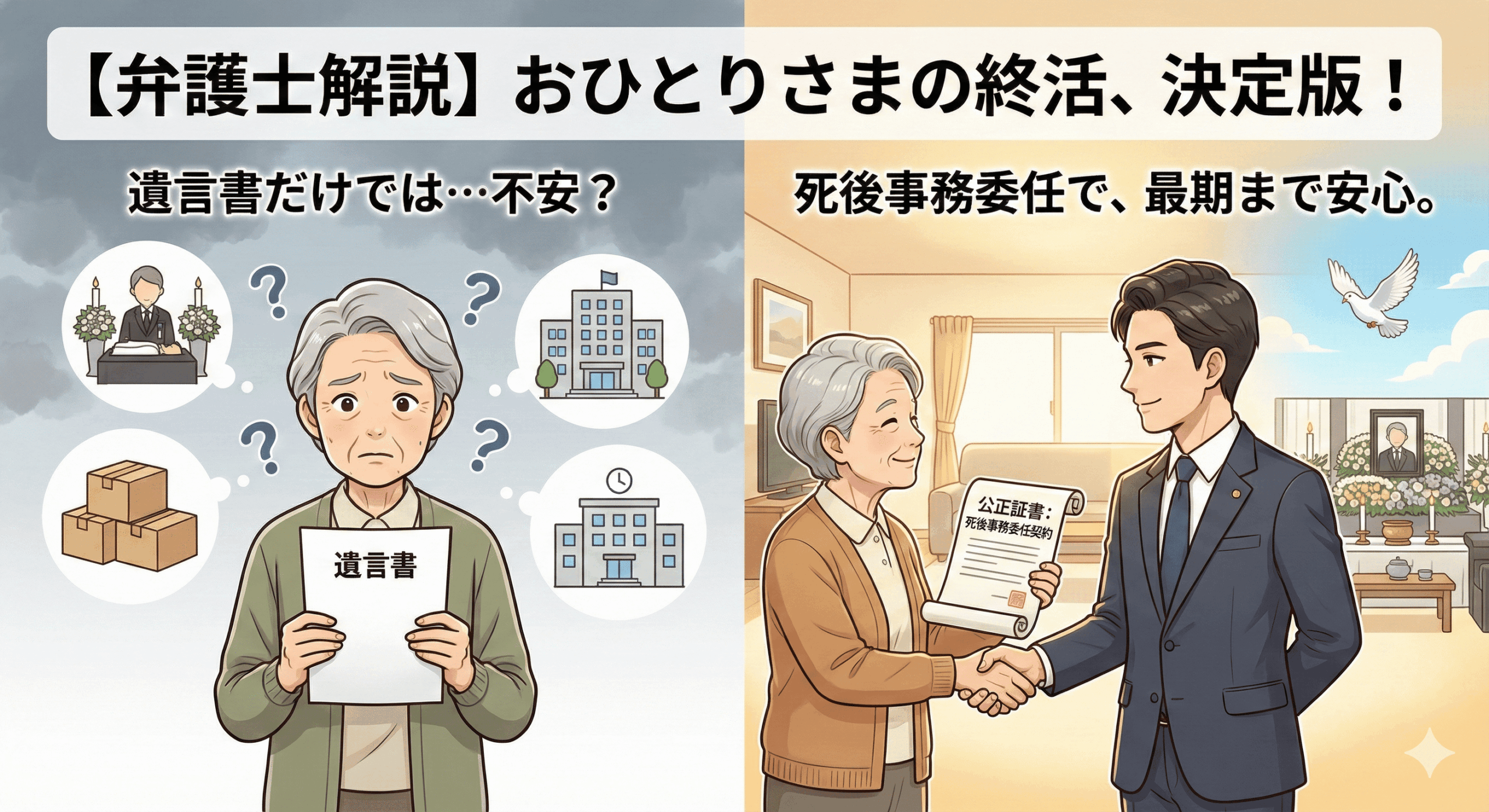 alt="【弁護士解説】おひとりさまの終活、決定版！と題されたアイキャッチ画像。左側は「遺言書だけでは…不安？」と題し、独身の高齢女性が遺言書を持ち、葬儀、遺品整理、役所手続きなどに不安を感じている様子を暗い色調で描いている。右側は「死後事務委任で、最期まで安心。」と題し、同じ女性が弁護士と「公正証書：死後事務委任契約」を締結し、穏やかな表情で握手をしている。背景には整理された部屋や平和な葬儀の様子が明るい色調で描かれ、弁護士に依頼することで死後の不安が解消されることを対比的に表現している。"