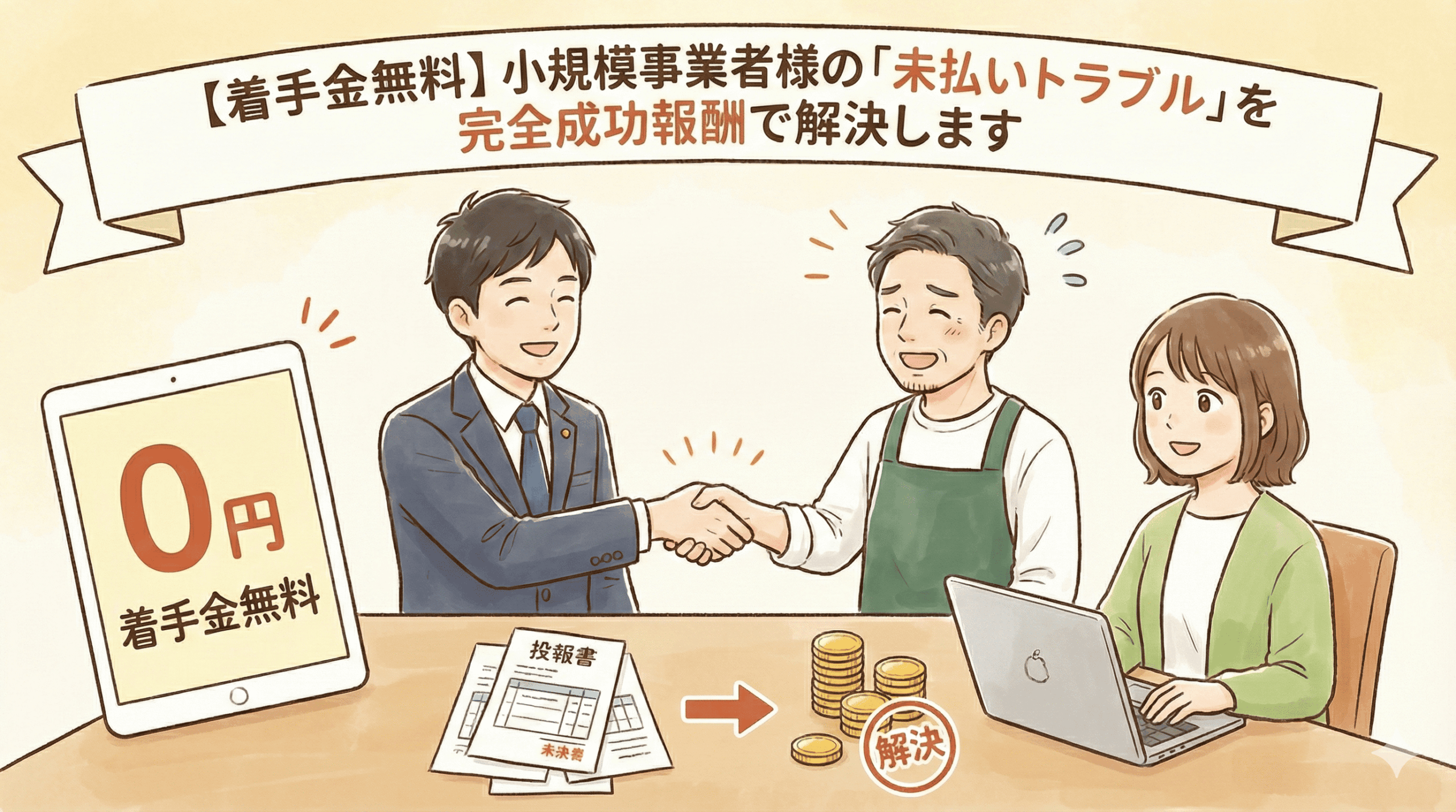 【着手金無料】小規模事業者様の「未払いトラブル」を完全成功報酬で解決します。弁護士とエプロン姿の事業者が笑顔で握手し、未払いの請求書が金貨と「解決」スタンプに変わる様子を描いたイラスト。タブレットには「0円 着手金無料」と表示されている。