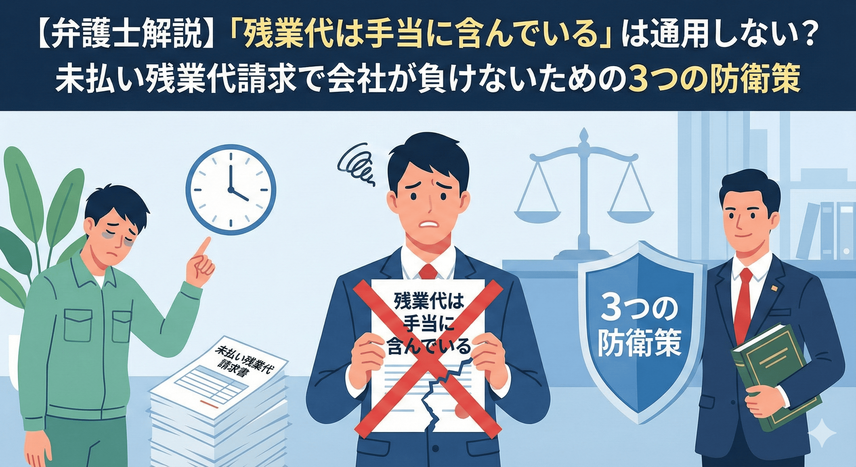 alt="【弁護士解説】「残業代は手当に含んでいる」という主張が否定され、未払い残業代請求に直面して困惑する会社側と、盾を持って「3つの防衛策」を提示する弁護士のイラスト"