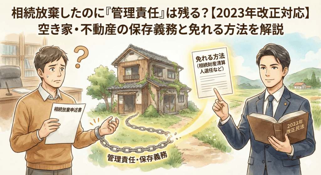 弁護士が解説する「相続放棄後の管理責任」に関する記事のアイキャッチ。2023年の民法改正に対応し、空き家や不動産の「保存義務」が残る問題と、それを「免れる方法（相続財産清算人など）」を、鎖と解決策の提示で分かりやすく図解したイラスト。