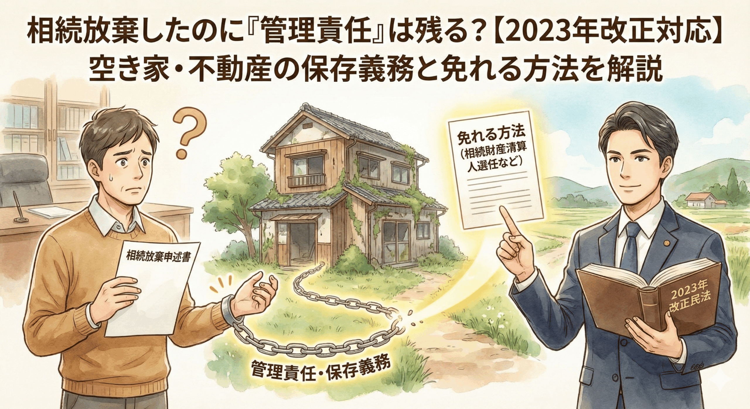 弁護士が解説する「相続放棄後の管理責任」に関する記事のアイキャッチ。2023年の民法改正に対応し、空き家や不動産の「保存義務」が残る問題と、それを「免れる方法（相続財産清算人など）」を、鎖と解決策の提示で分かりやすく図解したイラスト。