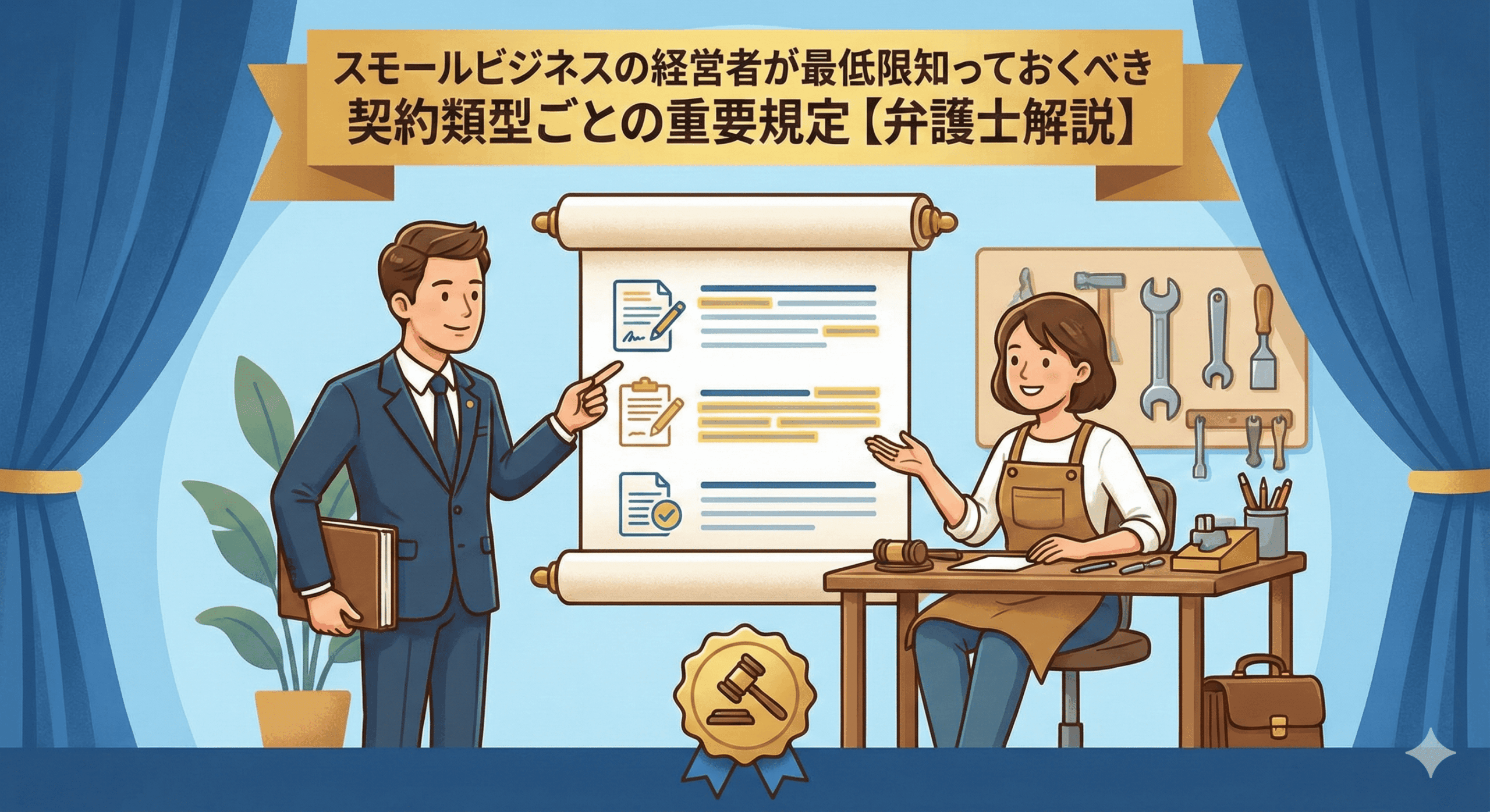 スモールビジネスの経営者と弁護士が、契約書の重要規定について話し合っている様子を描いたアイキャッチイラスト。