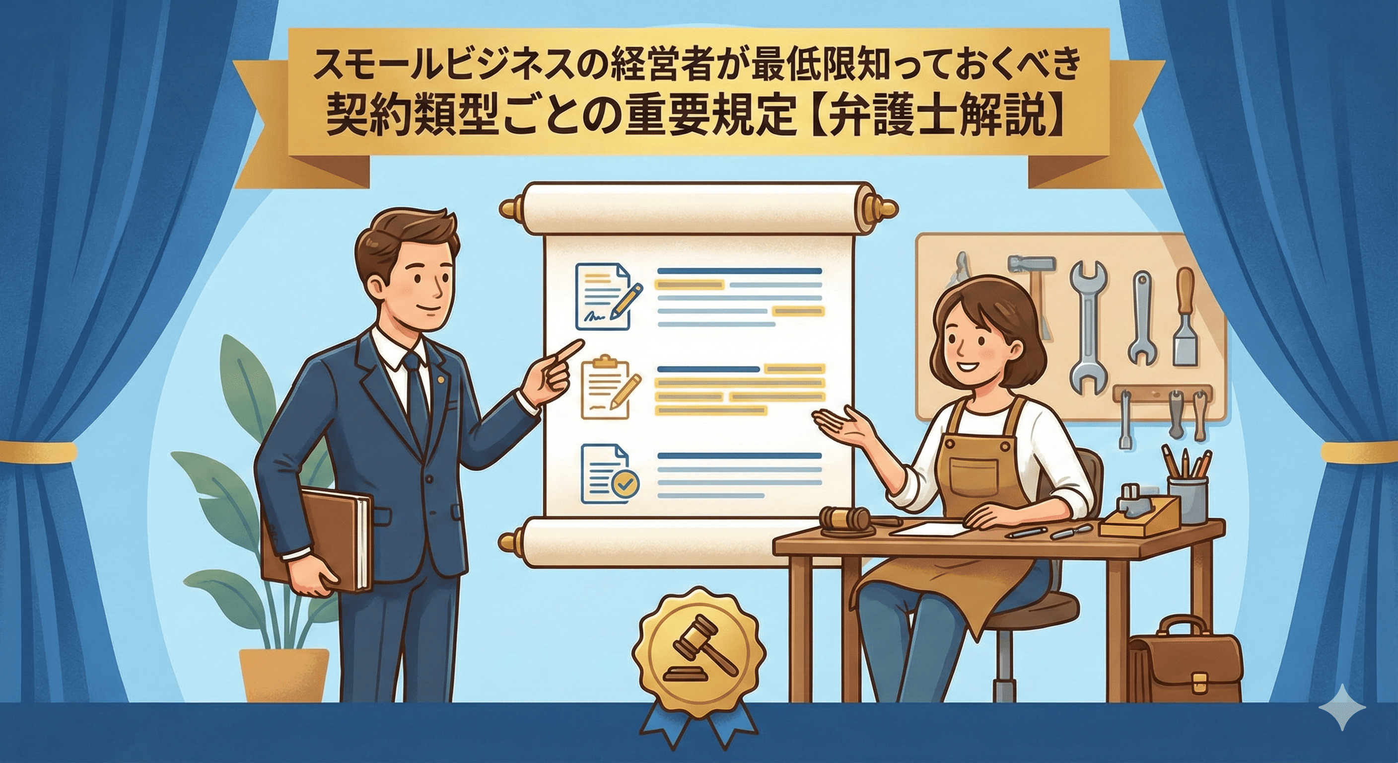 スモールビジネスの経営者と弁護士が、契約書の重要規定について話し合っている様子を描いたアイキャッチイラスト。