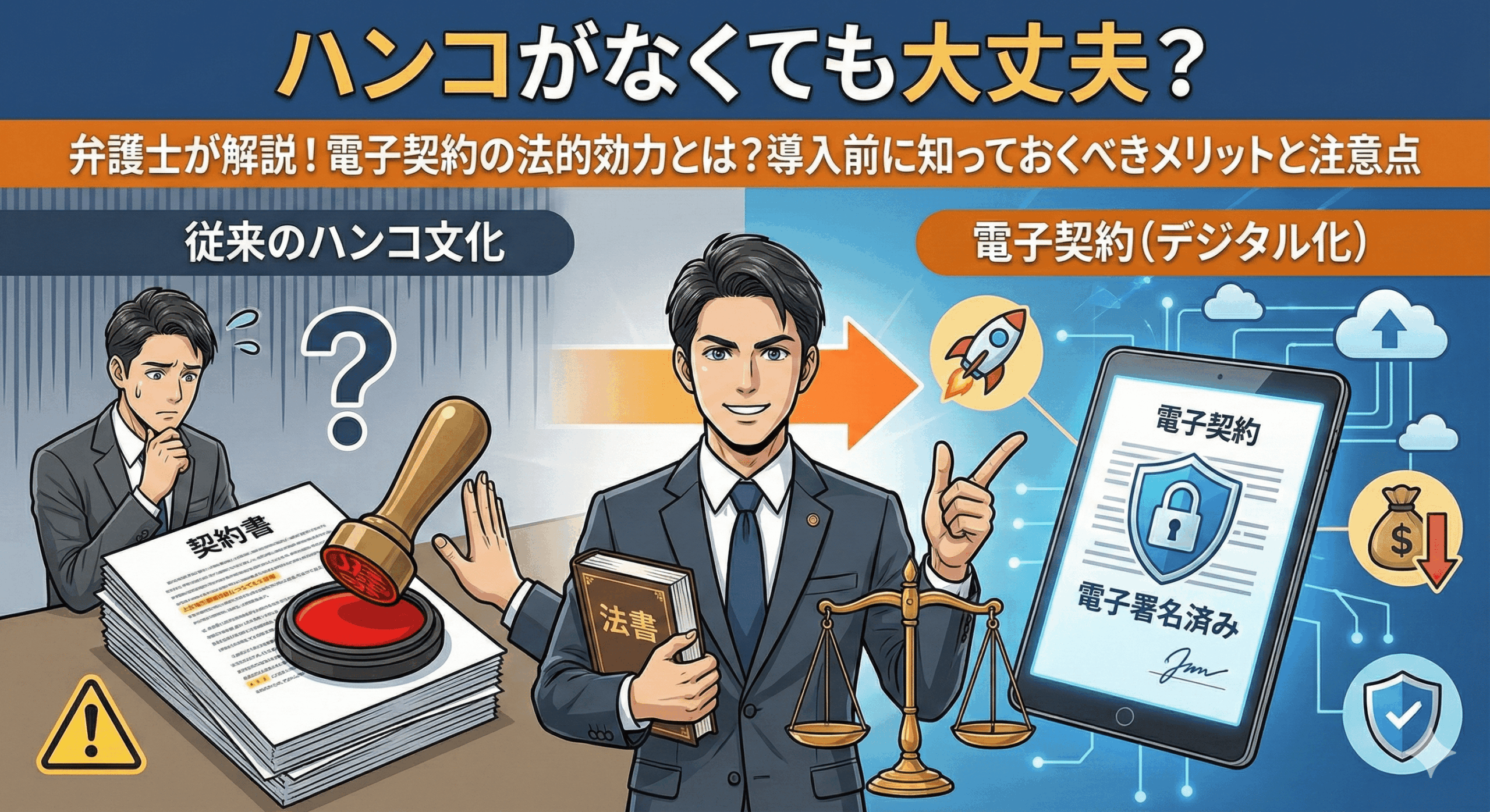 alt="「ハンコがなくても大丈夫？弁護士が解説！電子契約の法的効力とは？導入前に知っておくべきメリットと注意点」というタイトルのアイキャッチ画像。中央の弁護士が、左側の「従来のハンコ文化」と右側の「電子契約（デジタル化）」を比較解説しているイラスト。左側では、山積みの契約書と大きなハンコを前に困惑するビジネスマンが描かれ、右側では、タブレット上の電子契約書、セキュリティ、スピードアップ、コスト削減を示すアイコンが描かれている。弁護士は六法全書と天秤を持ち、電子契約の方を推奨するように指し示している。"