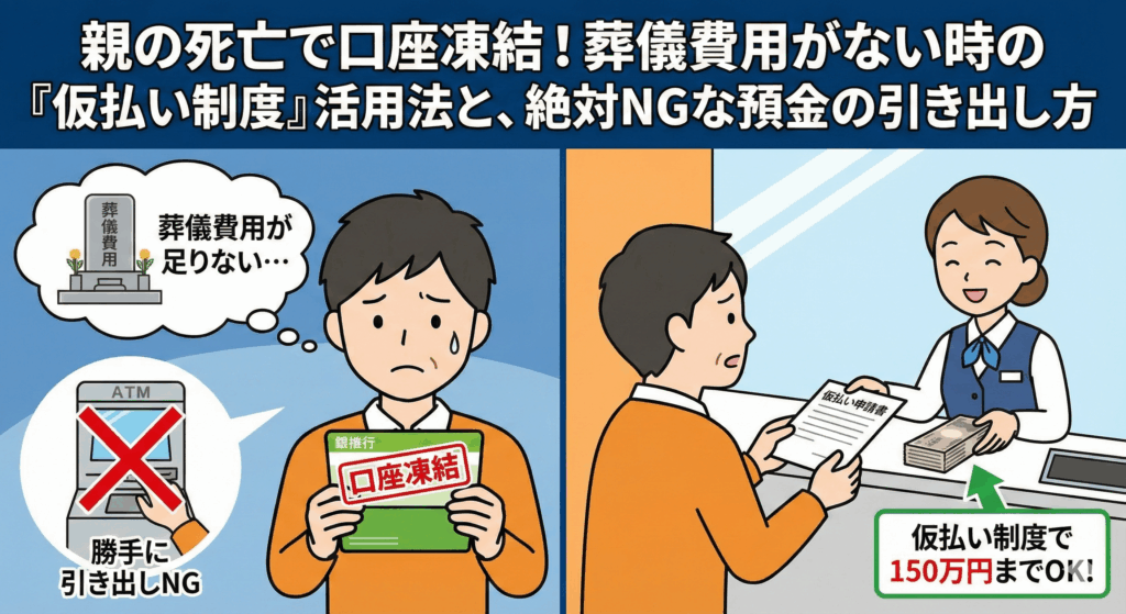 `alt="親の死亡で口座凍結！葬儀費用がない時の『仮払い制度』活用法と、絶対NGな預金の引き出し方。左側は口座凍結で葬儀費用が足りず困惑し、ATMでの勝手な引き出しが禁止されている様子。右側は銀行窓口で仮払い申請書を提出し、仮払い制度で150万円まで現金を受け取れることを示す図解イラスト。"`