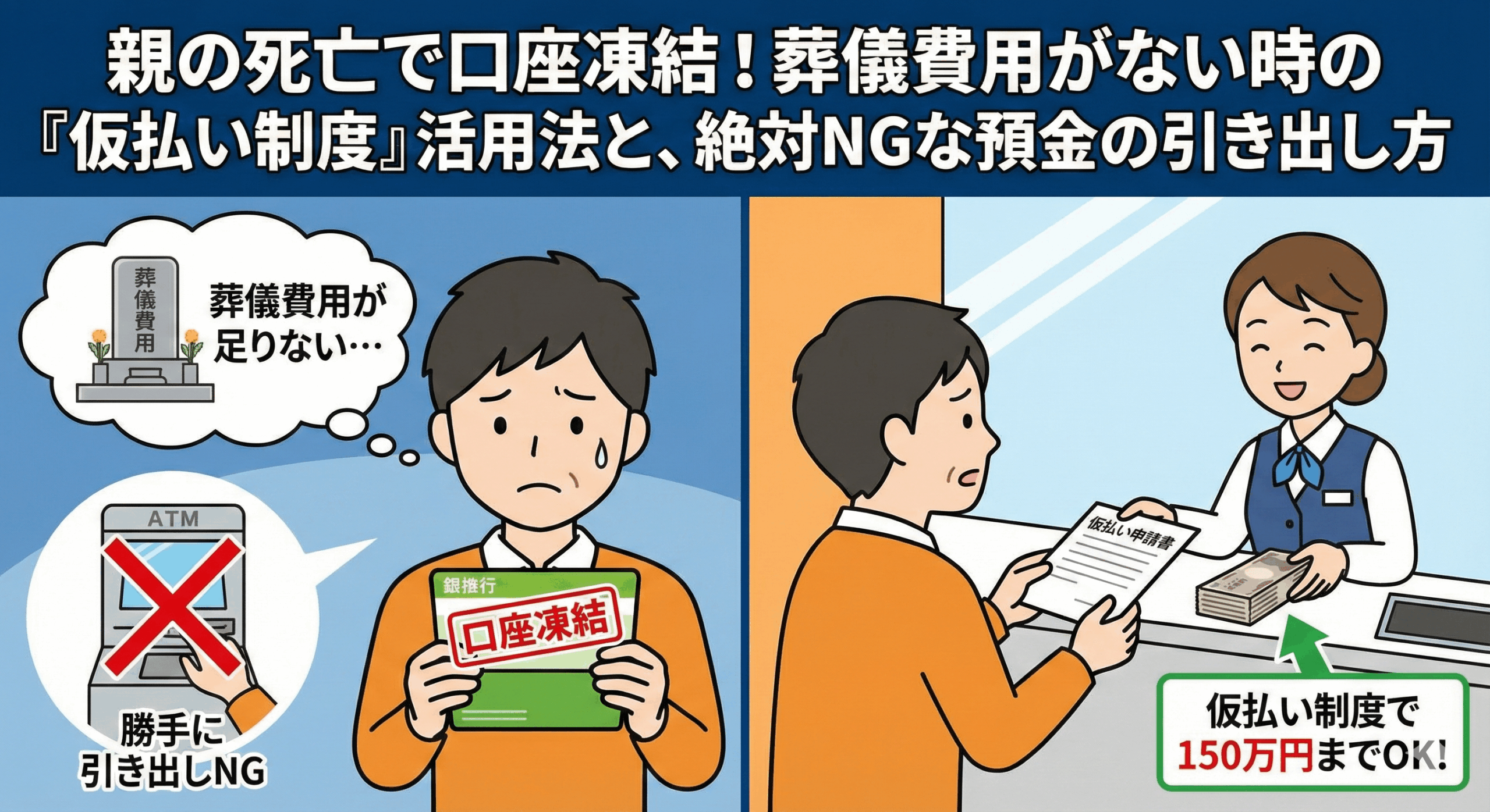 `alt="親の死亡で口座凍結！葬儀費用がない時の『仮払い制度』活用法と、絶対NGな預金の引き出し方。左側は口座凍結で葬儀費用が足りず困惑し、ATMでの勝手な引き出しが禁止されている様子。右側は銀行窓口で仮払い申請書を提出し、仮払い制度で150万円まで現金を受け取れることを示す図解イラスト。"`