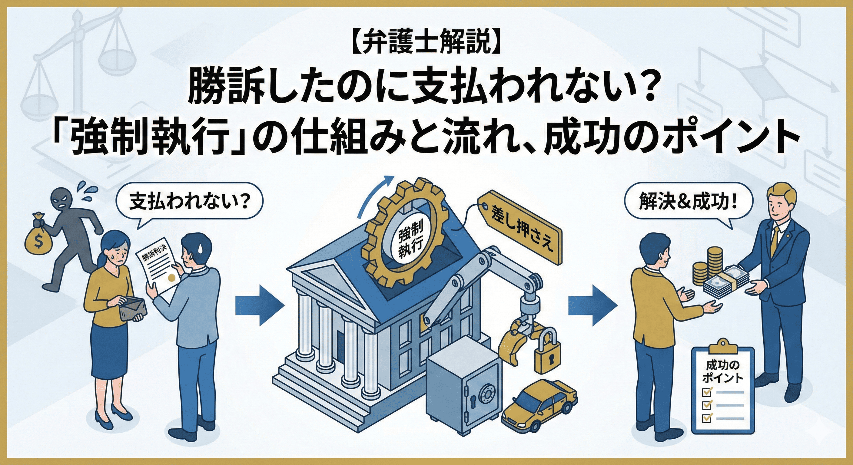 【弁護士解説】勝訴したのに支払われない？「強制執行」の仕組みと流れ、成功のポイントと題された記事のアイキャッチ画像。左側に勝訴判決を手に困惑する人と逃げる人物（支払われない状況）、中央に裁判所と歯車、差し押さえのアーム（強制執行の仕組み）、右側に弁護士がお金を回収し依頼者に渡す様子と成功のポイントのリスト（解決と成功）がイラストで図解されている。