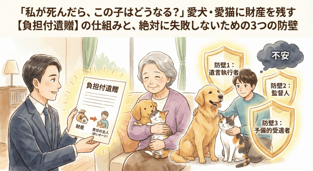 弁護士が解説する、愛犬・愛猫に財産を残す「負担付遺贈」の仕組みと成功のための「3つの防壁」の記事アイキャッチ。飼い主の死後、ペットが新しい飼い主に適切に引き継がれる流れと、遺言執行者・監督人・予備的受遺者によって保護される安心感を視覚化したイラスト。