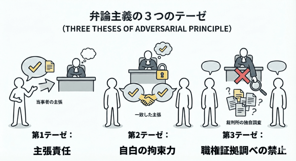 弁論主義の3つの原則（テーゼ）を説明したインフォグラフィック。上部に「弁論主義の３つのテーゼ (THREE THESES OF ADVERSARIAL PRINCIPLE)」というタイトルがある。

左側の「第1テーゼ：主張責任」では、左の人物がチェックマークと文書のアイコンを含むフキダシで主張を行い、矢印が裁判官のデスクに向かっている。「当事者の主張」というラベルがある。

中央の「第2テーゼ：自白の拘束力」では、左右の人物がチェックマークのフキダシを出して握手しており、「一致した主張」というラベルがある。その上では裁判官のフキダシもチェックマークになり、デスクには錠前がかけられている。

右側の「第3テーゼ：職権証拠調べの禁止」では、裁判官が虫眼鏡で書類の山を調べようとしているが、赤い大きなバツ印が付けられ、「裁判所の独自調査」というラベルがある。左右の人物のフキダシは空である。