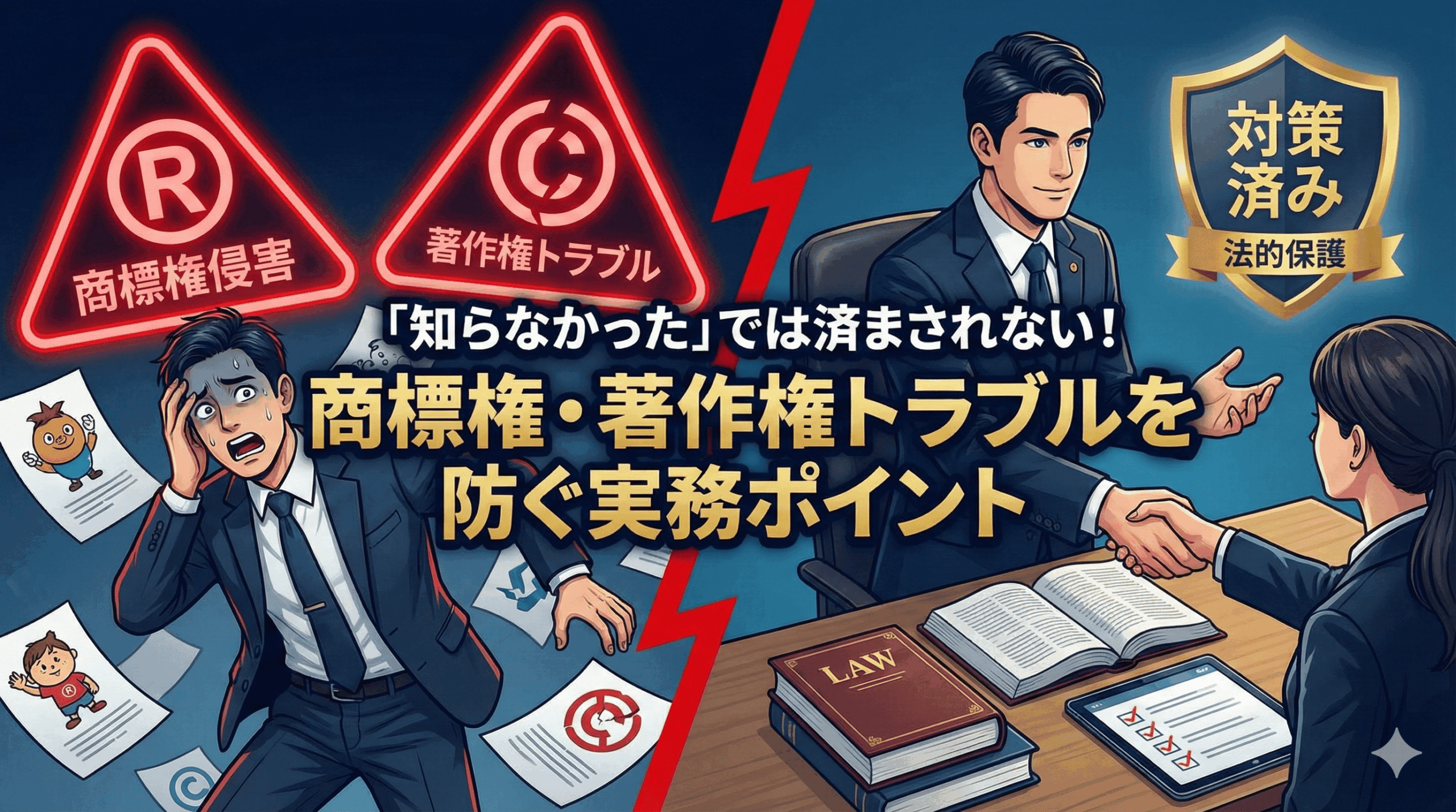 商標権・著作権トラブルに頭を抱えるビジネスマンと、弁護士に対策を相談して安心している様子を描いたアイキャッチ画像。タイトル：「知らなかった」では済まされない！商標権・著作権トラブルを防ぐ実務ポイント