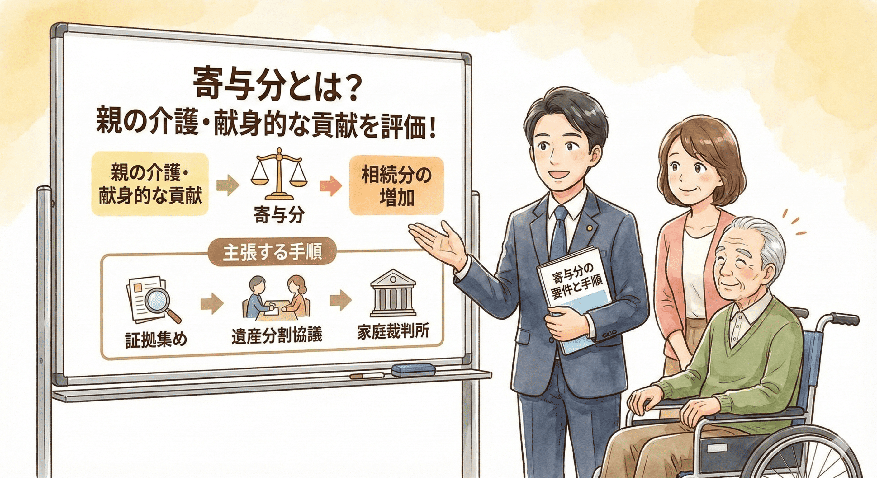弁護士が解説する「寄与分」の記事アイキャッチ。親の介護など献身的な貢献を適正に評価するための「寄与分の要件」と、証拠集めから遺産分割協議、家庭裁判所への申立てに至る「主張する手順」を分かりやすく図解したイラスト。