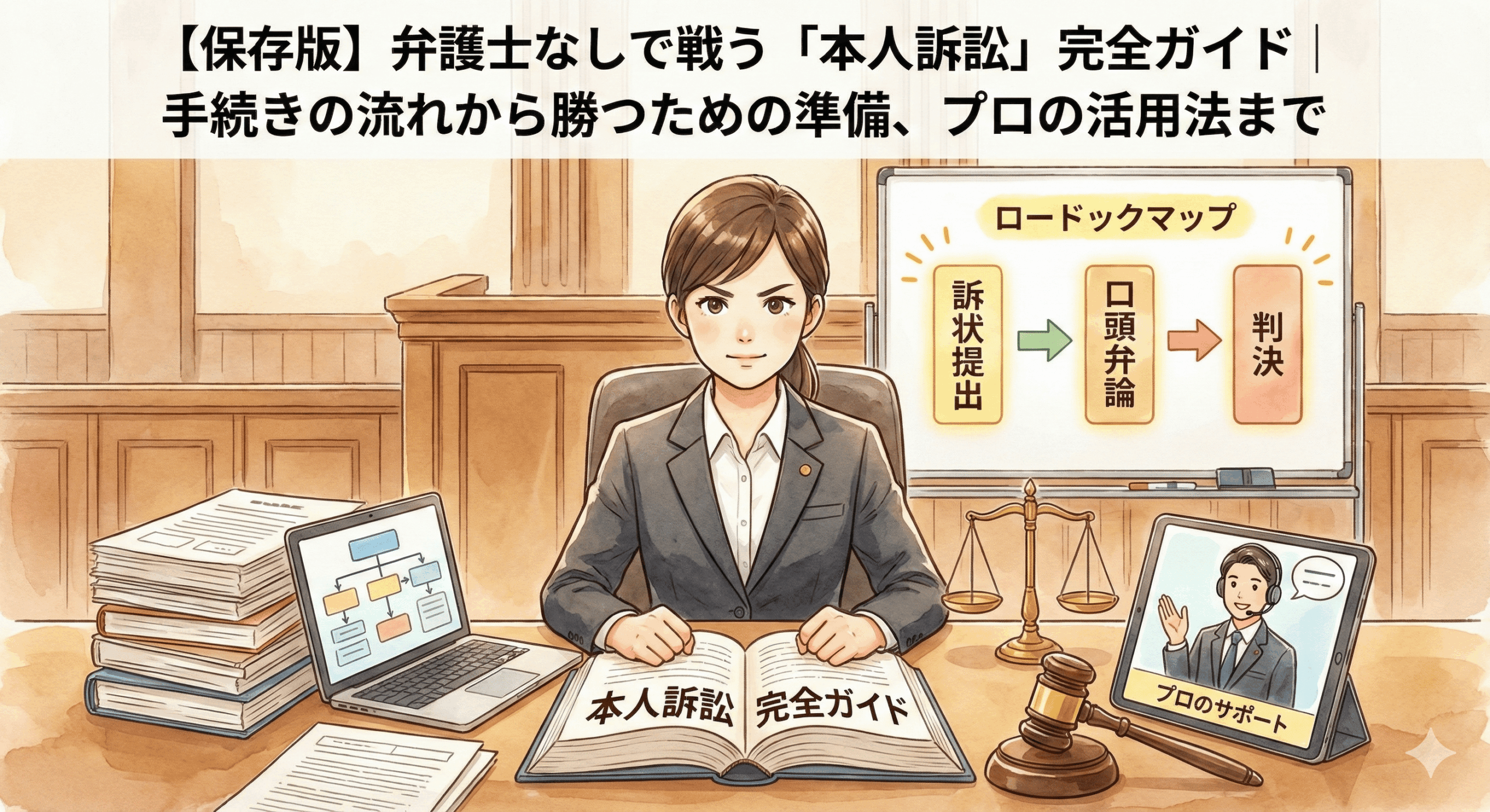 弁護士なしで戦う「本人訴訟」の手続きと準備を網羅した完全ガイド記事のアイキャッチ。訴訟のロードマップや、必要なプロのサポート（弁護士の支援）を視覚的に表現し、自力で裁判に挑む人のための包括的な情報源であることを示すイラスト。