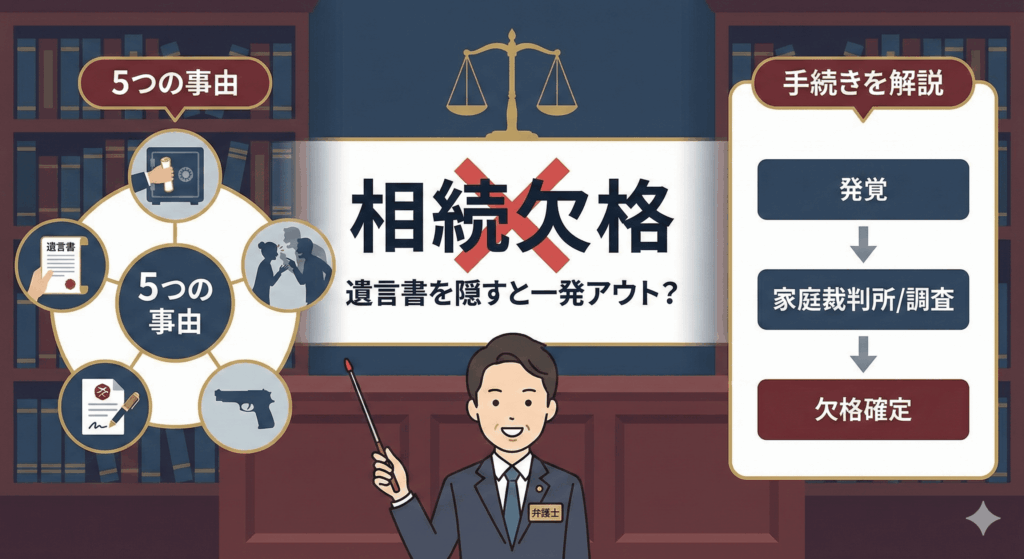 【弁護士解説】相続欠格とは？遺言書隠蔽のリスクや5つの事由、手続きの流れを解説したアイキャッチ画像