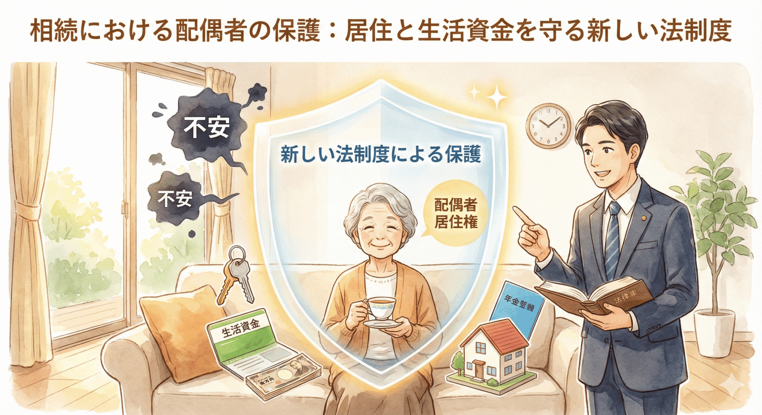弁護士による「相続における配偶者の保護」解説記事のアイキャッチ。民法改正による「新しい法制度」と「配偶者居住権」によって、残された配偶者の「居住」と「生活資金」が守られ、不安が解消される様子を分かりやすく表現したイラスト。