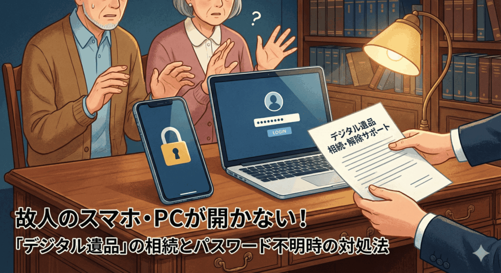 ロックされた故人のスマホやPCの前で困惑する遺族と、デジタル遺品相続・解除の書類を差し出す弁護士のイラスト。記事タイトル「故人のスマホ・PCが開かない！『デジタル遺品』の相続とパスワード不明時の対処法