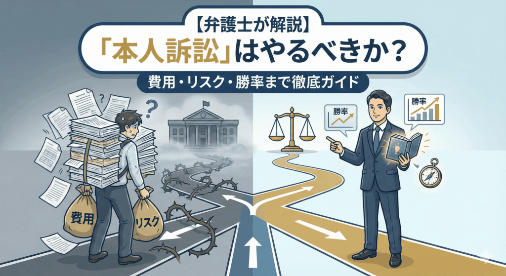 【弁護士が解説】「本人訴訟」はやるべきか？費用・リスク・勝率まで徹底ガイド。書類やリスクを抱えて険しい道を進む本人訴訟と、弁護士が勝率アップへ導く明るい道を対比したイラスト形式のアイキャッチ画像。
