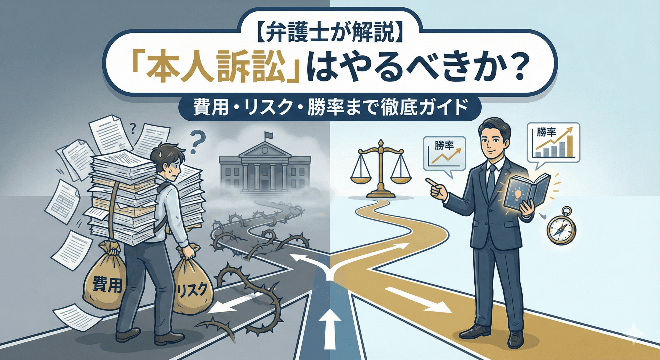 【弁護士が解説】「本人訴訟」はやるべきか？費用・リスク・勝率まで徹底ガイド。書類やリスクを抱えて険しい道を進む本人訴訟と、弁護士が勝率アップへ導く明るい道を対比したイラスト形式のアイキャッチ画像。