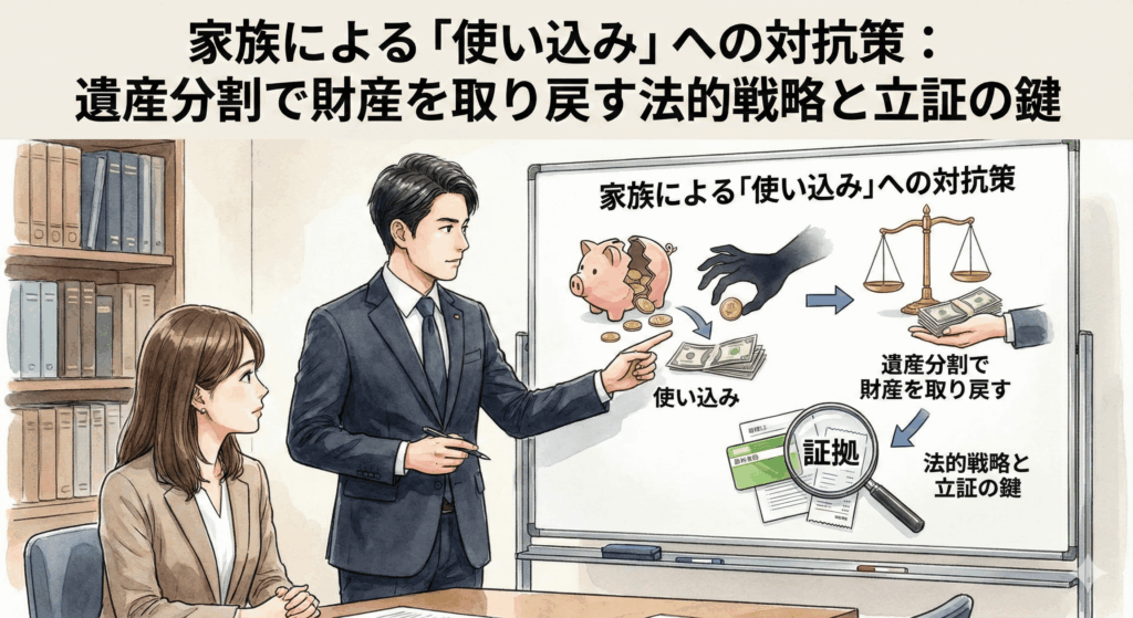 弁護士による「家族による使い込み」への対抗策解説記事のアイキャッチ。遺産分割協議を通じて不当に持ち出された財産を取り戻すための「法的戦略」と、通帳や領収書などの「証拠」による「立証の鍵」を、分かりやすく図解したイラスト。
