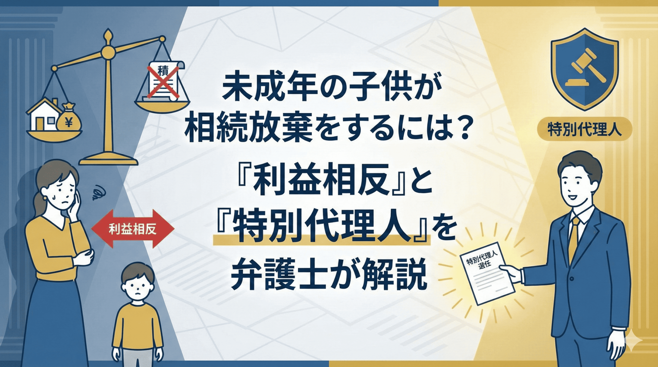 alt="未成年の子供が相続放棄をするには？『利益相反』と『特別代理人』を弁護士が解説というタイトルのアイキャッチ画像。悩む母親と子供の間にある利益相反の問題と、それを解決するために弁護士が特別代理人を選任する様子をイラストで図解。"