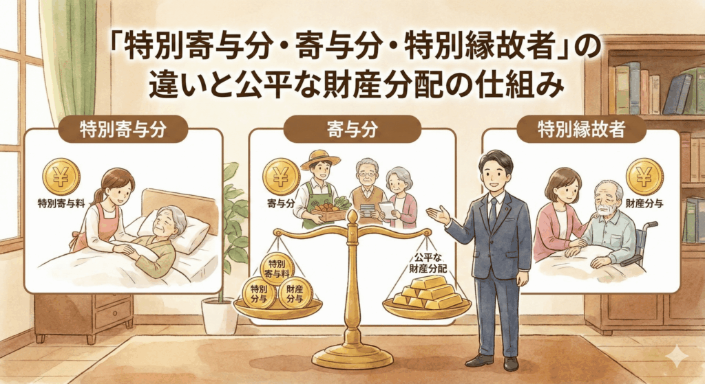 弁護士が解説する「特別寄与分」「寄与分」「特別縁故者」の違いと「公平な財産分配」の仕組みの記事アイキャッチ。3つの制度の具体的な貢献内容（介護や支援）と、それが天秤で公平に評価される様子を分かりやすく図解したイラスト。