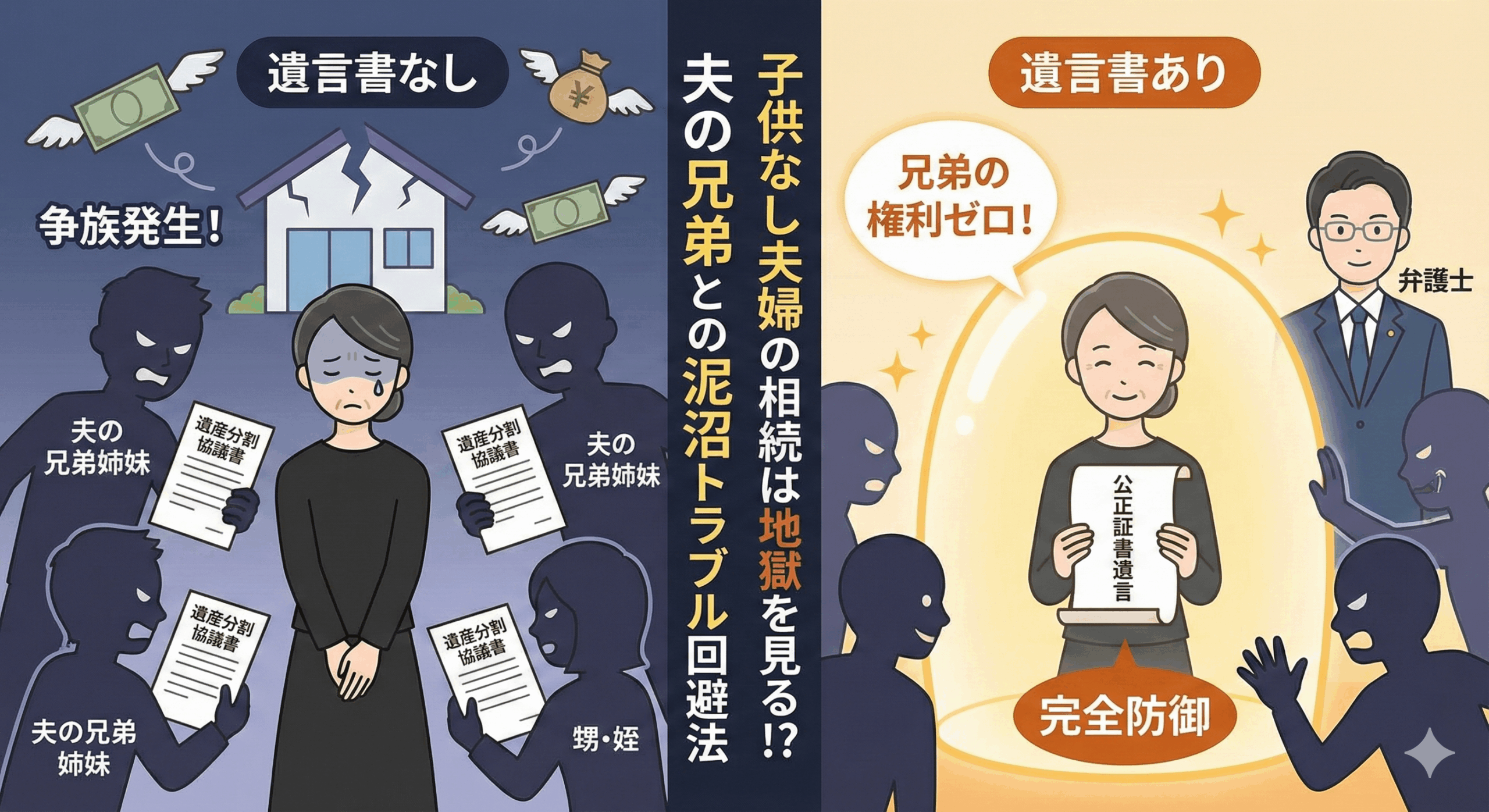 alt="子供なし夫婦の相続トラブルを図解したアイキャッチ画像。中央に記事タイトル「子供なし夫婦の相続は地獄を見る!? 夫の兄弟との泥沼トラブル回避法」。左側は「遺言書なし」の悲劇的な状況で、夫を亡くした妻が、遺産分割を迫る夫の兄弟姉妹や甥・姪に囲まれ「争族発生！」と困惑している様子。右側は「遺言書あり」の解決後の状況で、妻が「公正証書遺言」を持つことで強力なバリアに守られ、弁護士のサポートのもと安心している様子。「兄弟の権利ゼロ！」となり、トラブルを完全防御できることを対比して示している。"