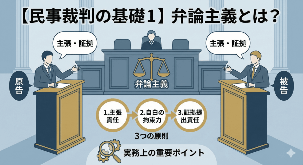 【民事裁判の基礎１】弁論主義とは？3つの原則と実務上の重要ポイントを解説｜法廷と天秤のアイキャッチ画像