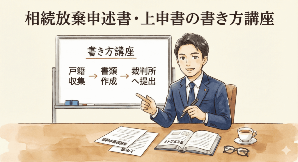 弁護士が教える「相続放棄申述書」と「上申書」の「書き方講座」記事アイキャッチ。書類作成から裁判所への提出までの流れを分かりやすく図解した、親しみやすいイラスト。