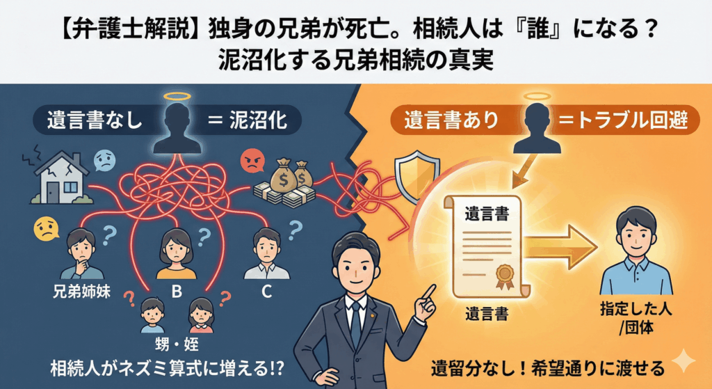 alt="独身の兄弟が死亡した場合の相続トラブルと解決策を図解した弁護士解説のアイキャッチ画像。左側の「遺言書なし＝泥沼化」のパネルでは、亡くなった独身者から赤い線が絡み合い、兄弟姉妹やその下の甥・姪へと相続人がネズミ算式に増え、金銭トラブルや空き家問題を示すアイコンと共に混乱している様子が描かれている。右側の「遺言書あり＝トラブル回避」のパネルでは、遺言書によって指定した人や団体へ財産がスムーズに引き継がれ、「遺留分なし！希望通りに渡せる」と弁護士が解説し、トラブルを回避できる様子が明るく示されている。"