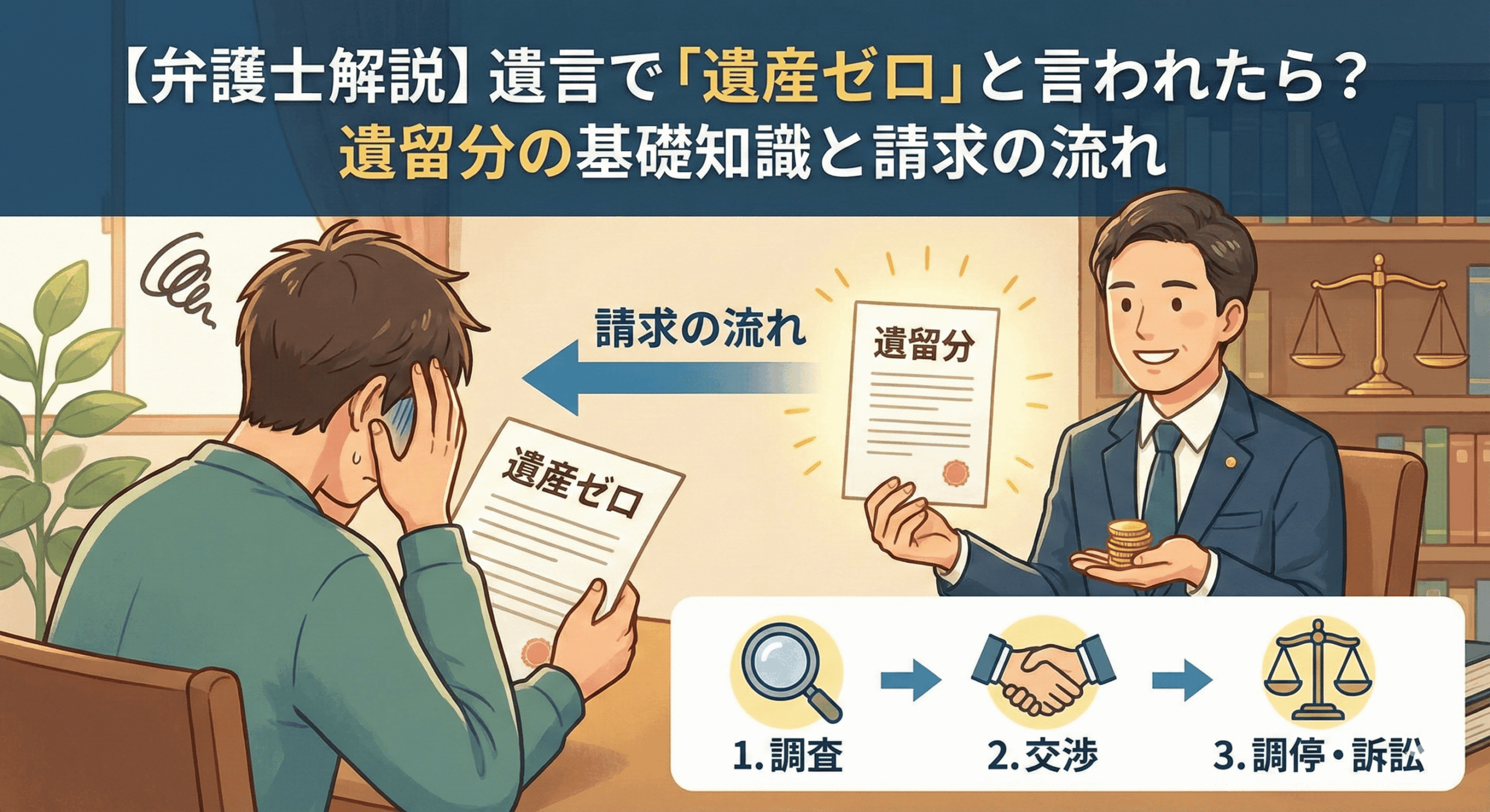 遺言書に「遺産ゼロ」と書かれ困惑する相談者と、遺留分侵害額請求の手続きや解決策を提示する弁護士のイラスト