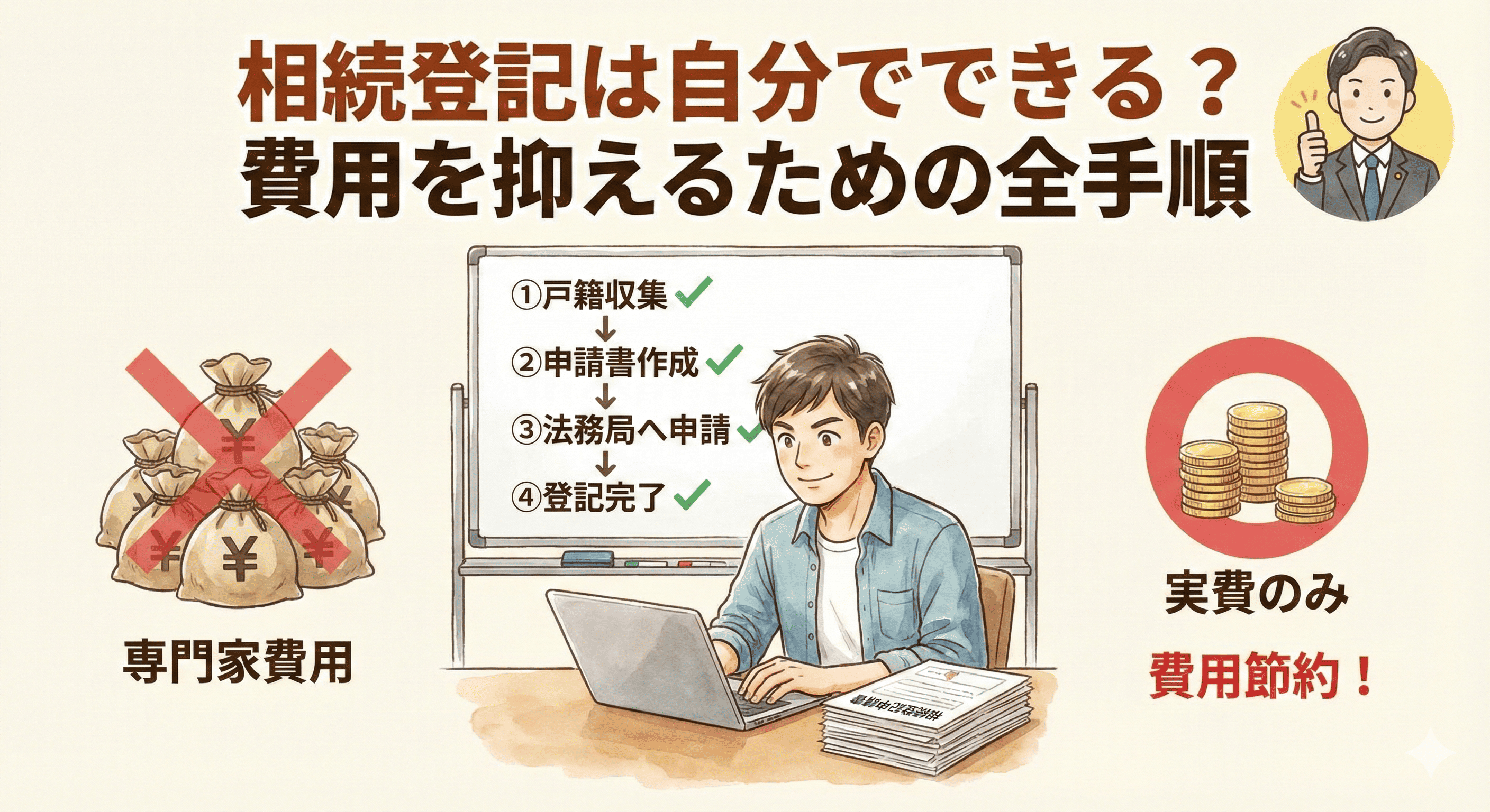 自分でできる「相続登記」の全手順と「費用を抑える方法」を解説した記事のアイキャッチ。専門家費用をかけずに実費のみで完了させるまでの流れを、PCで作業する男性とホワイトボードの図解で分かりやすく示したイラスト。