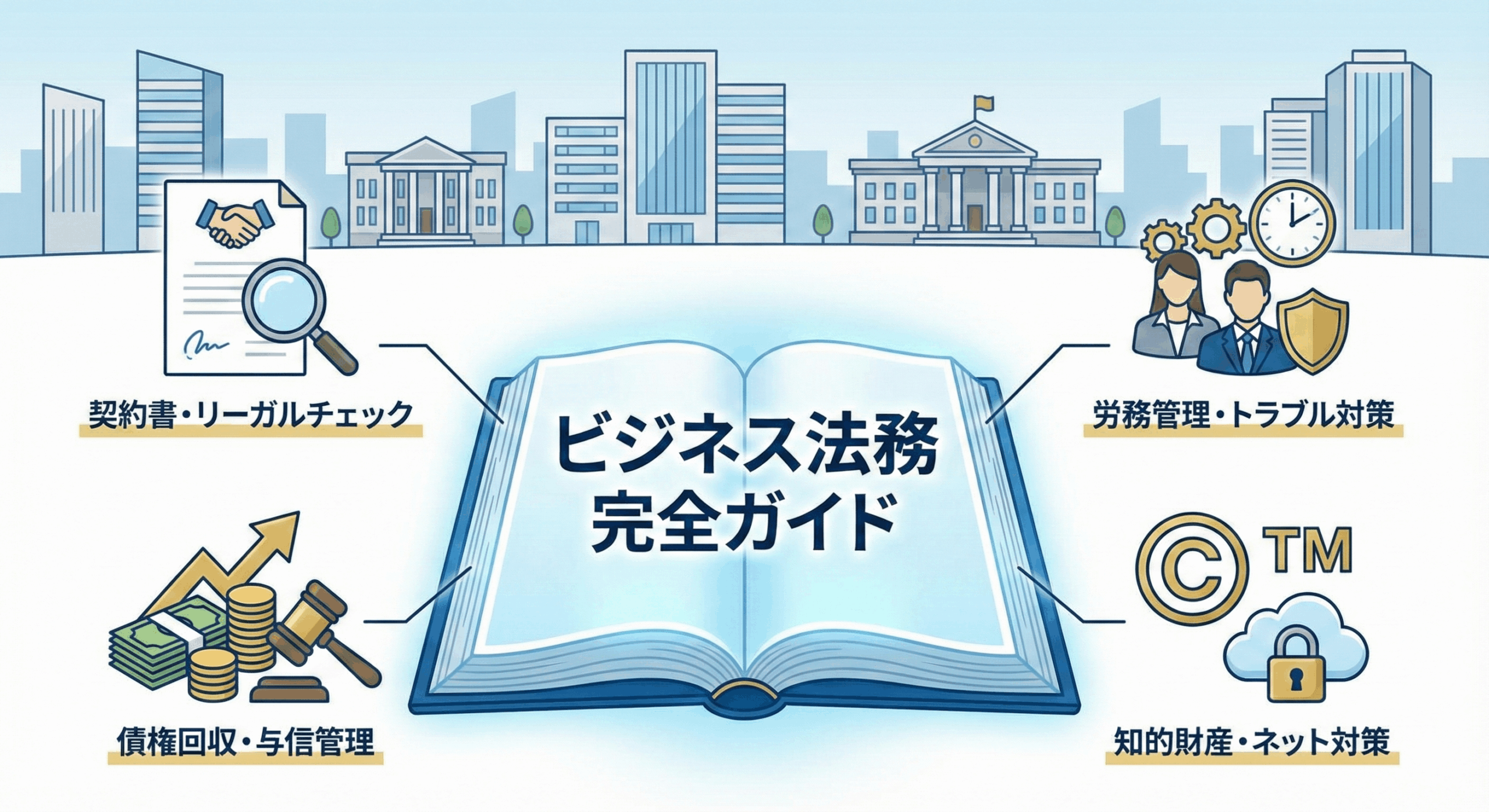 中小企業・フリーランスのための「ビジネス法務完全ガイド」記事のアイキャッチ画像。契約書リーガルチェック、労務管理、債権回収、知的財産・ネット対策といった、事業者が押さえておくべき主要な法律実務を網羅的に図解したイラスト。