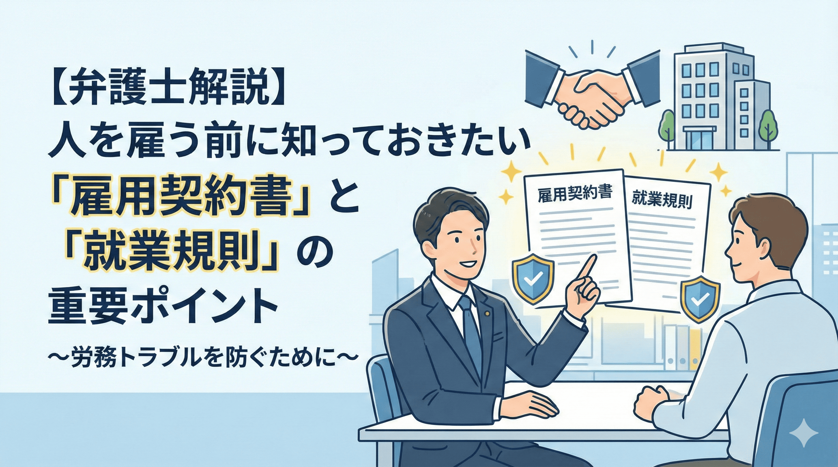 弁護士が経営者に「雇用契約書」と「就業規則」の書類を指差し、その重要性を解説しているイラスト。「【弁護士解説】人を雇う前に知っておきたい「雇用契約書」と「就業規則」の重要ポイント～労務トラブルを防ぐために～」という記事タイトルが記載されている。