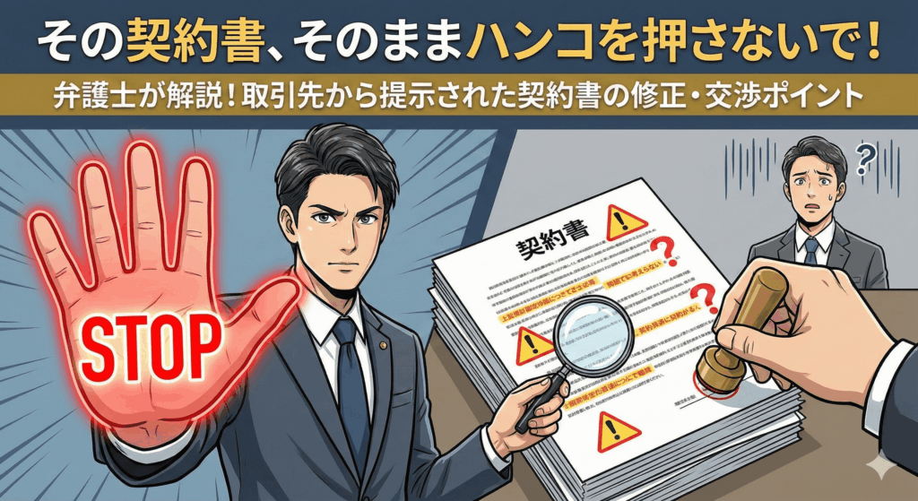 「その契約書、そのままハンコを押さないで！弁護士が解説！取引先から提示された契約書の修正・交渉ポイント」というタイトルのアイキャッチ画像。