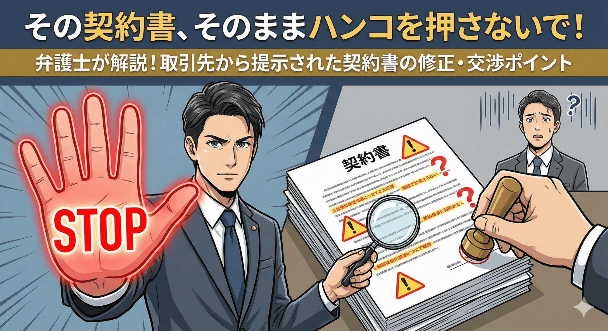 「その契約書、そのままハンコを押さないで！弁護士が解説！取引先から提示された契約書の修正・交渉ポイント」というタイトルのアイキャッチ画像。