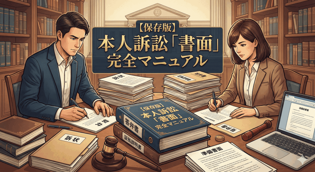 弁護士運営サイトの「【保存版】本人訴訟『書面』完全マニュアル」記事のアイキャッチイラスト。書斎で訴状、答弁書、証拠説明書、準備書面などの書類作成に取り組む男女と、裁判所の背景が描かれている。