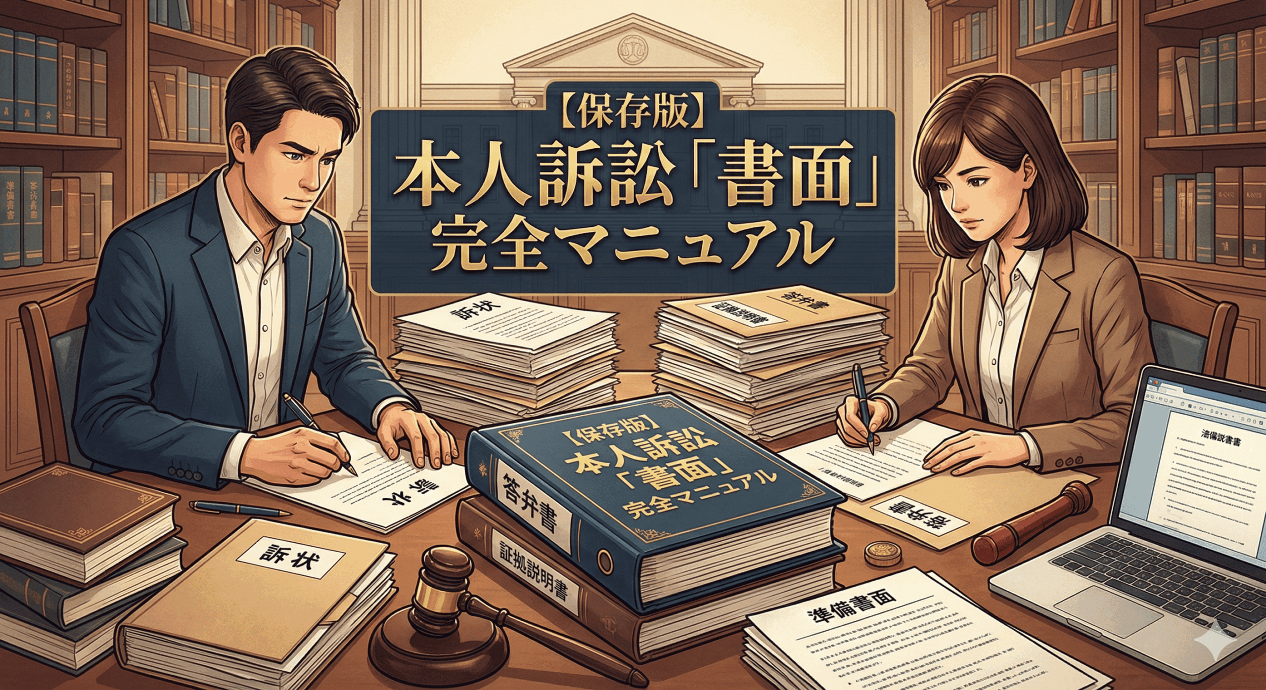 弁護士運営サイトの「【保存版】本人訴訟『書面』完全マニュアル」記事のアイキャッチイラスト。書斎で訴状、答弁書、証拠説明書、準備書面などの書類作成に取り組む男女と、裁判所の背景が描かれている。