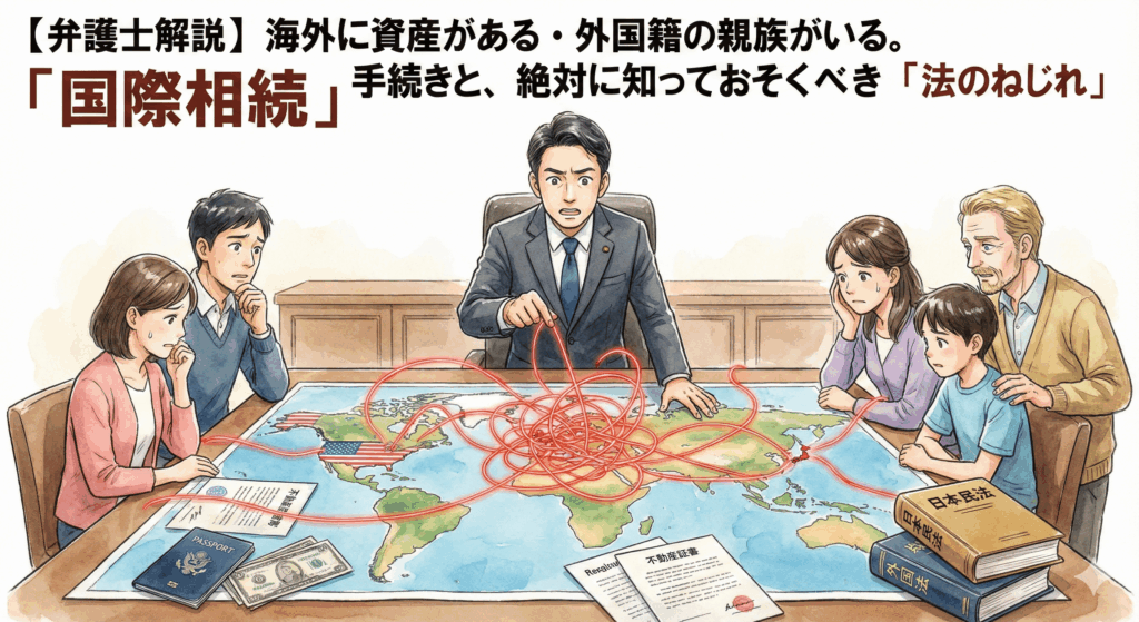 弁護士が解説する「国際相続」の複雑な手続きと「法のねじれ」に関する記事のアイキャッチ。海外資産や外国籍の親族が関わる相続で、日本法と外国法が絡み合う「泥沼」状態を、世界地図上の赤い糸の縺れで表現し、家族が困惑している様子を描いたイラスト。