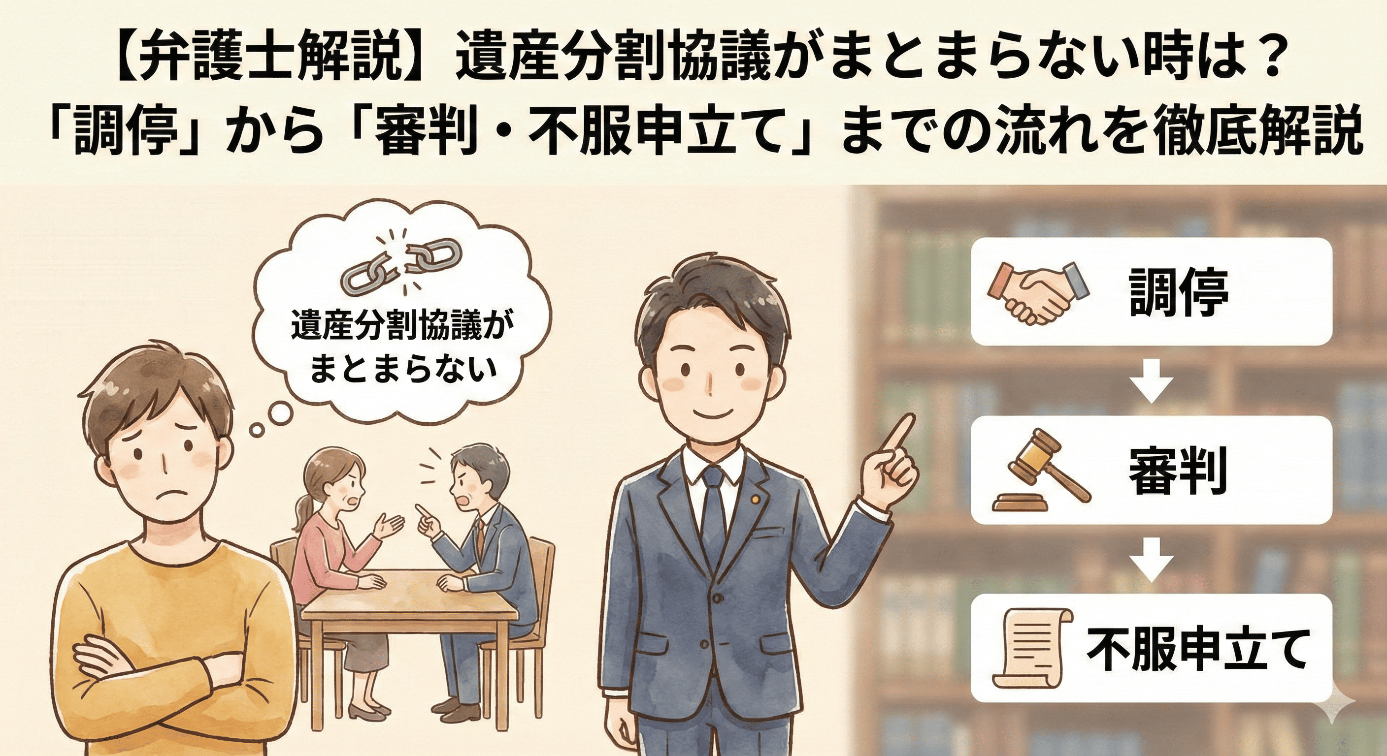 遺産分割協議がまとまらず困っている相談者と、「調停」から「審判」「不服申立て」までの解決の流れを解説する弁護士のイラスト
