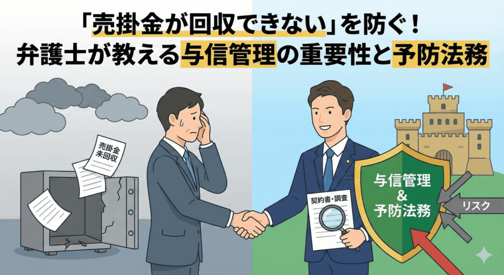 alt="「売掛金が回収できない」リスクに直面し困惑するビジネスマンと、「与信管理＆予防法務」の盾で防御し解決策を示す弁護士が握手をしているイラスト。記事「「売掛金が回収できない」を防ぐ！弁護士が教える与信管理の重要性と予防法務」のアイキャッチ。"