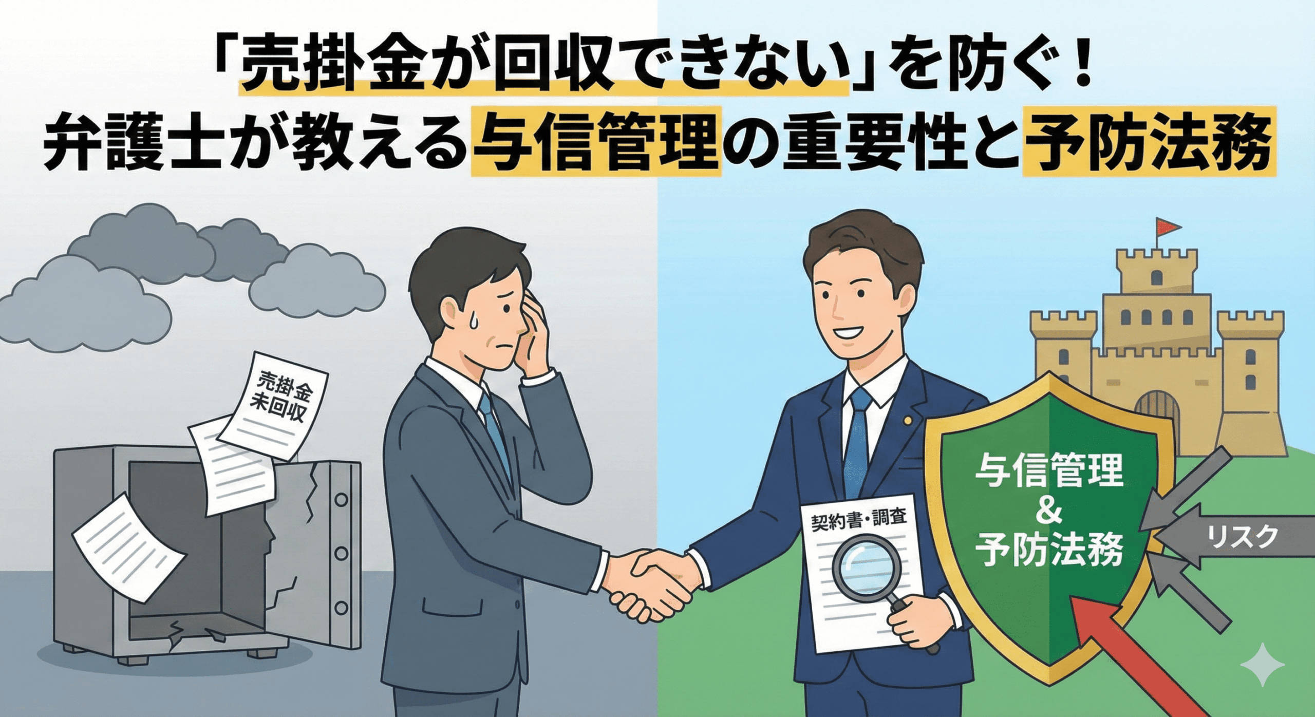 alt="「売掛金が回収できない」リスクに直面し困惑するビジネスマンと、「与信管理＆予防法務」の盾で防御し解決策を示す弁護士が握手をしているイラスト。記事「「売掛金が回収できない」を防ぐ！弁護士が教える与信管理の重要性と予防法務」のアイキャッチ。"
